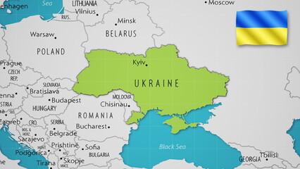 Ukraine on the World Map with the country's national flag flying.