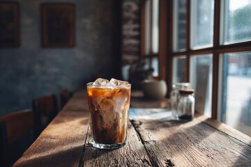 Iced coffee drink with creamy swirls and ice cubes sits on rustic wooden table in cozy cafe, sunlight streaming through large windows creating warm atmosphere