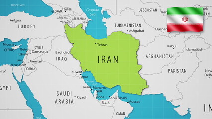 Iran on the World Map with the country's national flag flying.