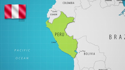 Peru on the World Map with the country's national flag flying.