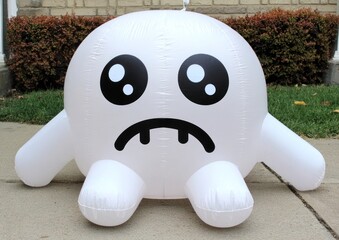 A playful inflatable ghost with sad eyes sits on a pathway outside a home, surrounded by green grass and fall leaves