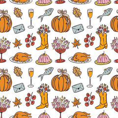 Seamless autumn pattern with cute hand-drawn pumpkins, mushrooms, leaves, and pie. Whimsical doodle design perfect for fall fabric, wrapping paper, or Thanksgiving prints