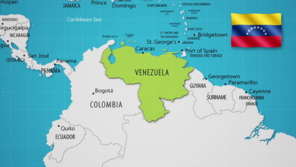 Venezuela on the World Map with the country's national flag flying.