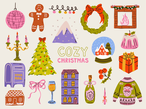 Whimsical Christmas doodle set with festive icons: tree, wreath, Santa, pie, and snow. Hand-drawn vector elements perfect for holiday cards, invitations, or winter party decor