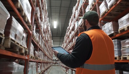 A man in a safety vest uses a tablet computer to review inventory data in a large warehouse with high shelving units.