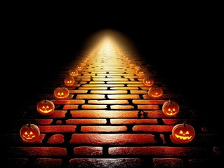 A dark path shines with pumpkins, leading to a bright light, setting a haunting Halloween scene at night