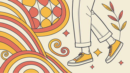 Groovy retro illustration featuring a person walking with swirling lines, flowers, and warm colors, evoking a sense of nostalgia and vintage charm, perfect for design projects