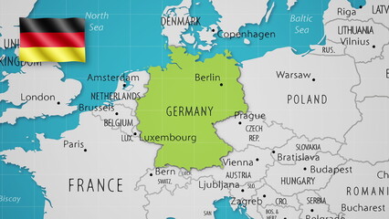 Germany on the World Map with the country's national flag flying.