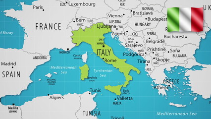 Italy on the World Map with the country's national flag flying.