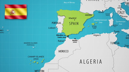 Spain on the World Map with the country's national flag flying.