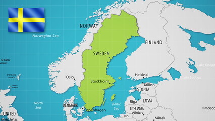 Sweden on the World Map with the country's national flag flying.