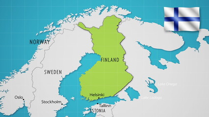 Finland on the World Map with the country's national flag flying.
