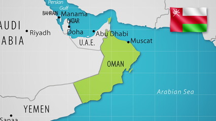 Oman on the World Map with the country's national flag flying.