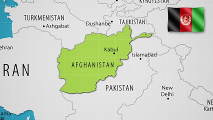 Afghanistan on the World Map with the country's national flag flying.