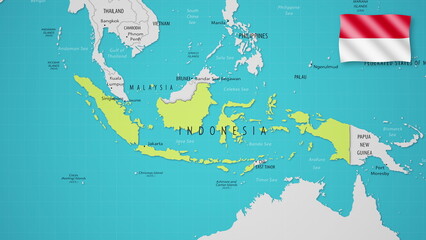 Indonesia on the World Map with the country's national flag flying.