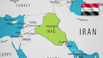 Iraq on the World Map with the country's national flag flying.