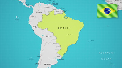 Brazil on the World Map with the country's national flag flying.