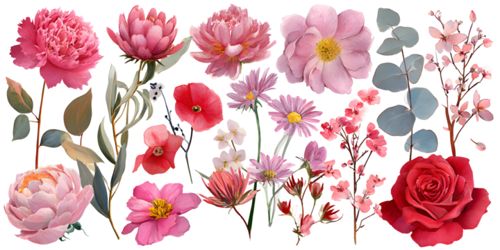 Botanical pink flower set with leaves and blossoms, floral collection watercolor illustration isolated on transparent background for decor