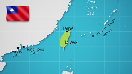Taiwan on the World Map with the country's national flag flying.