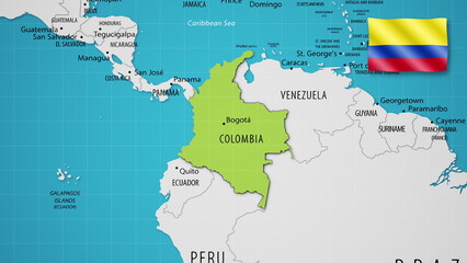 Colombia on the World Map with the country's national flag flying.