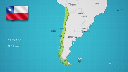Chile on the World Map with the country's national flag flying.