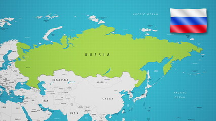 Obraz premium Russia on the World Map with the country's national flag flying.
