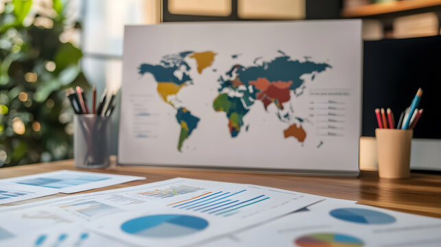A composite digital image illustrating a business presentation featuring charts and a world map. - Powered by Adobe