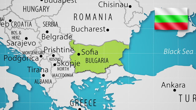 Bulgaria on the World Map with the country's national flag flying.