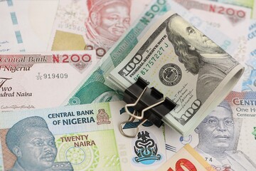 Nigerian naira currency money bills and bunch of us dollar banknotes. The concept of economics and currency exchange
