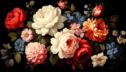 Vintage floral bouquet on black background in baroque style