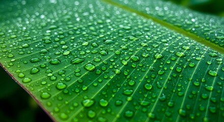 Close-up of a vibrant green leaf covered in glistening water droplets, showcasing natural textures.