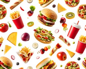 Fast food items and ingredients on background isolated on a transparent background