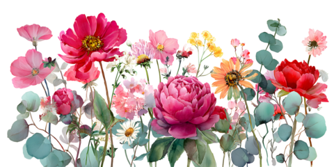 Botanical pink flower set with leaves and blossoms, floral collection watercolor illustration isolated on transparent background for decor

