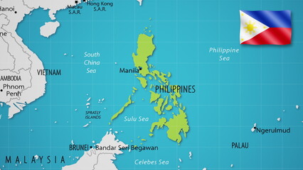 Philippines on the World Map with the country's national flag flying.