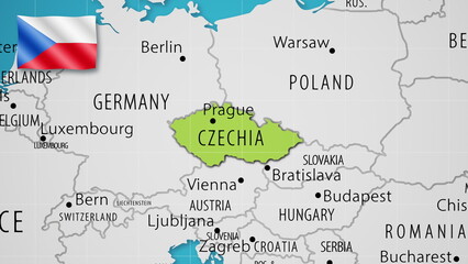 Fototapeta premium Czech Republic on the World Map with the country's national flag flying.