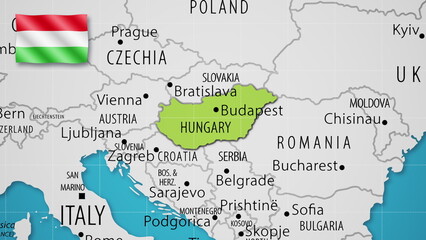 Hungary on the World Map with the country's national flag flying.