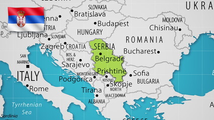 Fototapeta premium Serbia on the World Map with the country's national flag flying.
