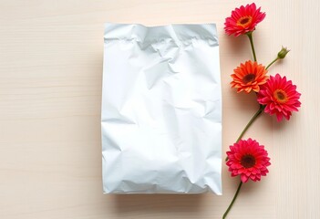 Plain white paper bag, unbleached, on light wood surface, paper bag, grocery bag