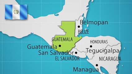 Guatemala on the World Map with the country's national flag flying.