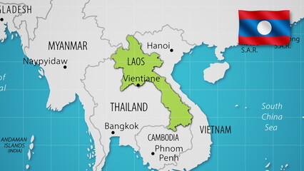 Fototapeta premium Laos on the World Map with the country's national flag flying.