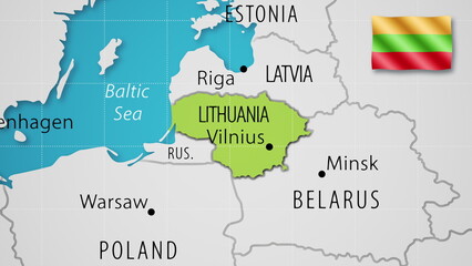 Lithuania on the World Map with the country's national flag flying.