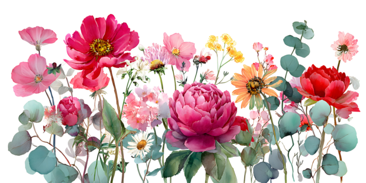 Botanical pink flower set with leaves and blossoms, floral collection watercolor illustration isolated on transparent background for decor

