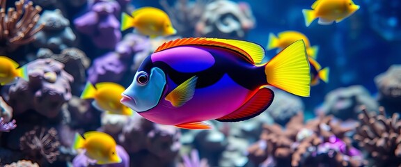 Vibrant tropical fish swimming in a coral reef aquarium, macro, green