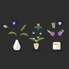 Set of 3 Flat Decorative Potted Flowers with Twisted Stems  