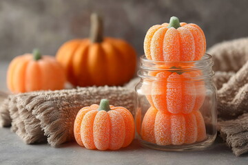 Colorful gummy pumpkin candies in a glass jar surrounded by decorative pumpkins on a soft cloth