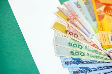 Nigerian naira currency money bills lies on flag. The concept of business and investment