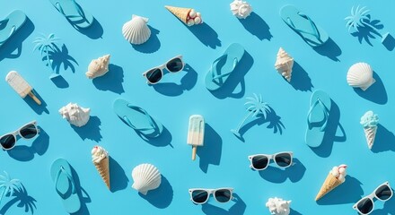 Summer Essentials: Flip-Flops, Sunglasses, and Treats on a Blue