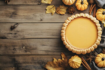Delicious pumpkin pie surrounded by autumn leaves and small pumpkins on a rustic wooden table