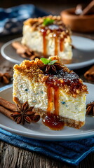 Delicious cheesecake served with caramel drizzle and spices on a rustic wooden table