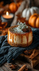 Delicious pumpkin cheesecake adorned with spices and decorative elements during autumn evening
